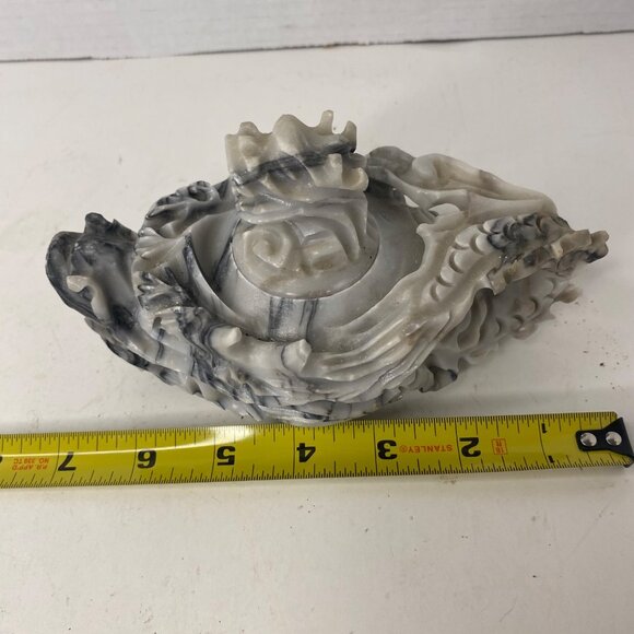 Hand-Carved Marble Decorative Dish Dragon Lotus Design Oyster Plate Candle Tray - Picture 6 of 13